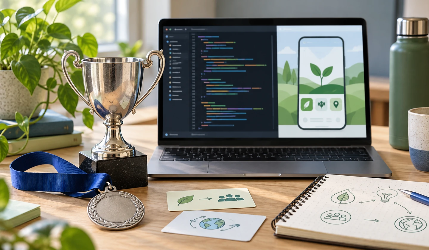 Ilustrativni prikaz takmičenja u programiranju sa laptopom, srebrnim peharom i projektnim beleškama
