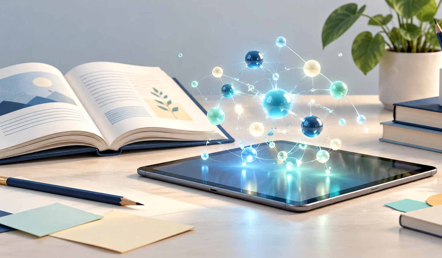 Ilustracija odgovorne upotrebe veštačke inteligencije u nastavi uz knjigu, tablet i mrežu povezanih ideja
