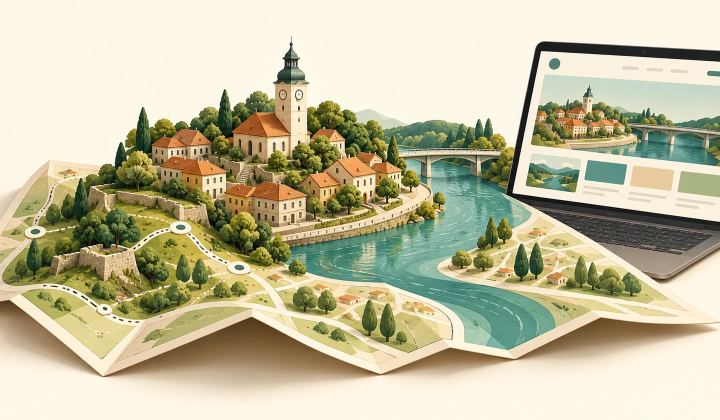 Ilustracija turističkog vodiča kroz grad uz reku, sa znamenitostima i mapom